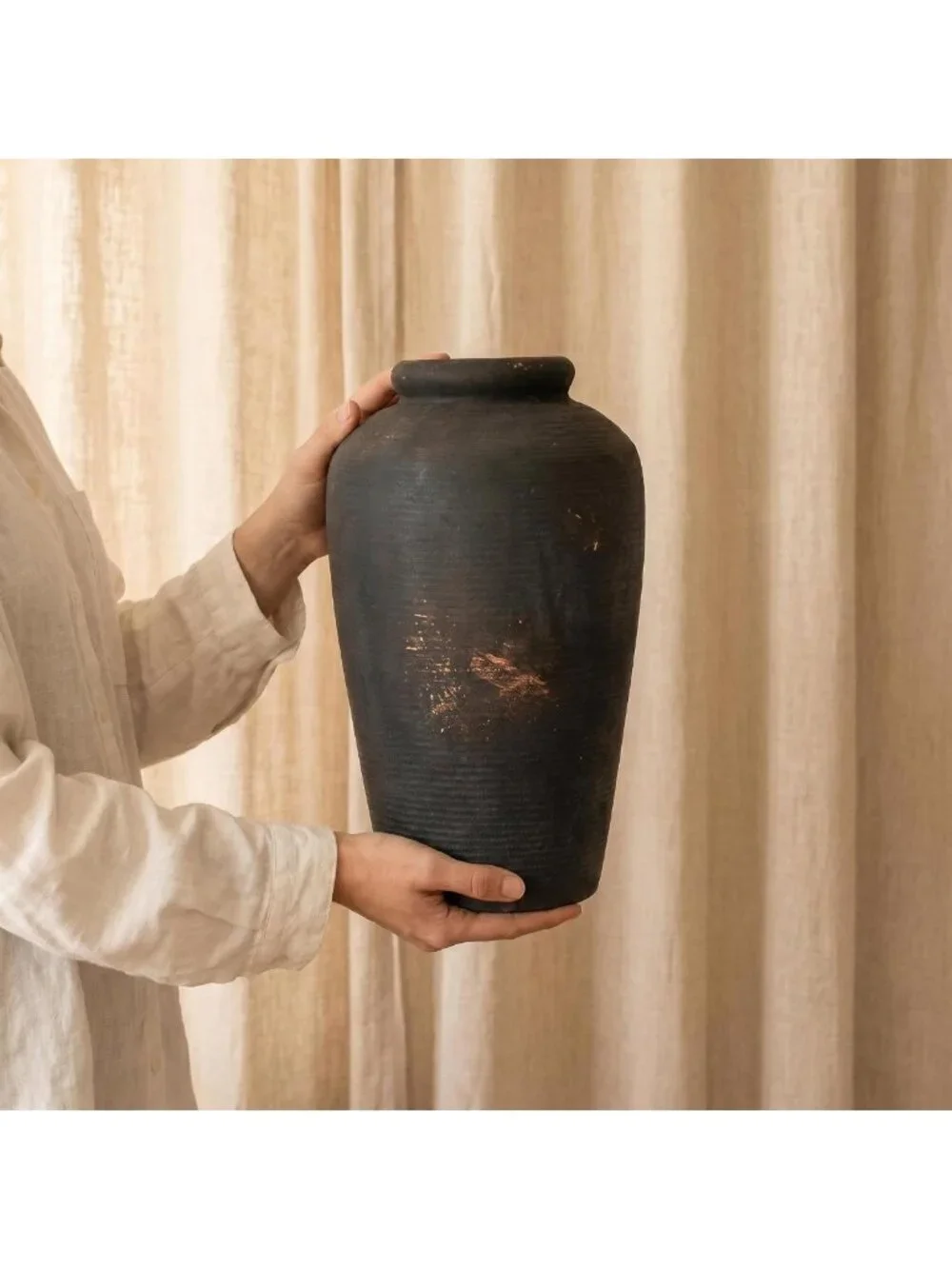 Large Matte Black Vintage Ceramic Flower Vase - Distressed Bronze Farmhouse
